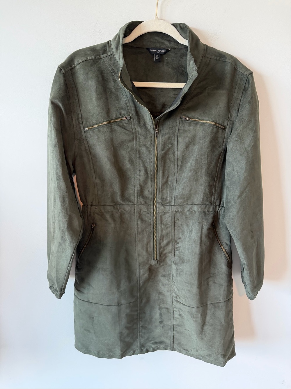 Banana Republic Vegan Suede Zip Front Mini Dress in Olive Green